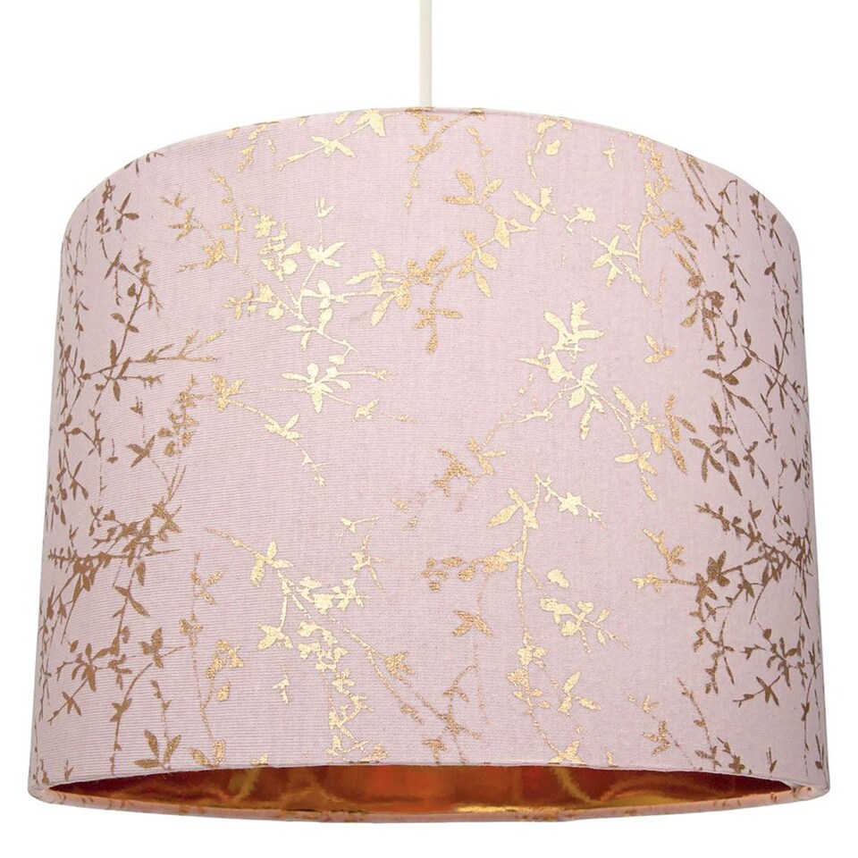image 1 of Modern Soft Pink Cotton Fabric 12" Lamp Shade with Gold Foil Floral Decoration | Pink | Pink | 1