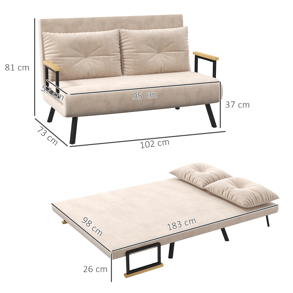 image 1 of HOMCOM 2 Seater Sofa Bed, Click Clack Convertible Bed Settee, Modern Velvet Feel Fabric Sofa Couch with 2 Tufted Cushions, Wood Armrests for Living Room, Bedroom, Guest Room, Beige