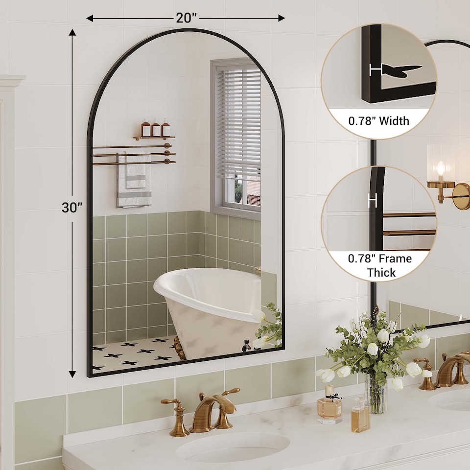 image 1 of London Boutique Black Aluminium Framed Arched Top Wall Mounted Bathroom Vanity Mirror 20 x 30 Inch / 50.8 x 76.2cm 5mm Thick Shatterproof Eco Safety Silver Glass Lens Hemmed Edge Frame Simple Wall Hanging Hardware Included No LED Lights Decorative Wall Mirror For En-suite Bathroom Wash Basin Vanity Hallway Entryway Bedroom Wall Decor Terraced House Small Flat Single Mirror