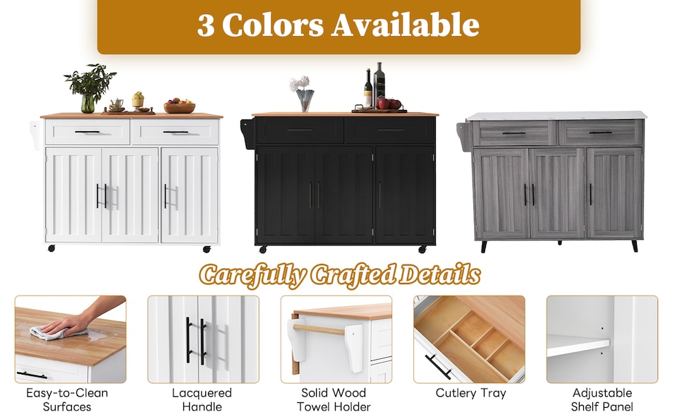 image 1 of VILUXE Mobile Kitchen Island with Foldable Worktop, 2 Drawers, Adjustable Shelves, Towel Rail, Wheels and Solid Wood Feet, White and Natural