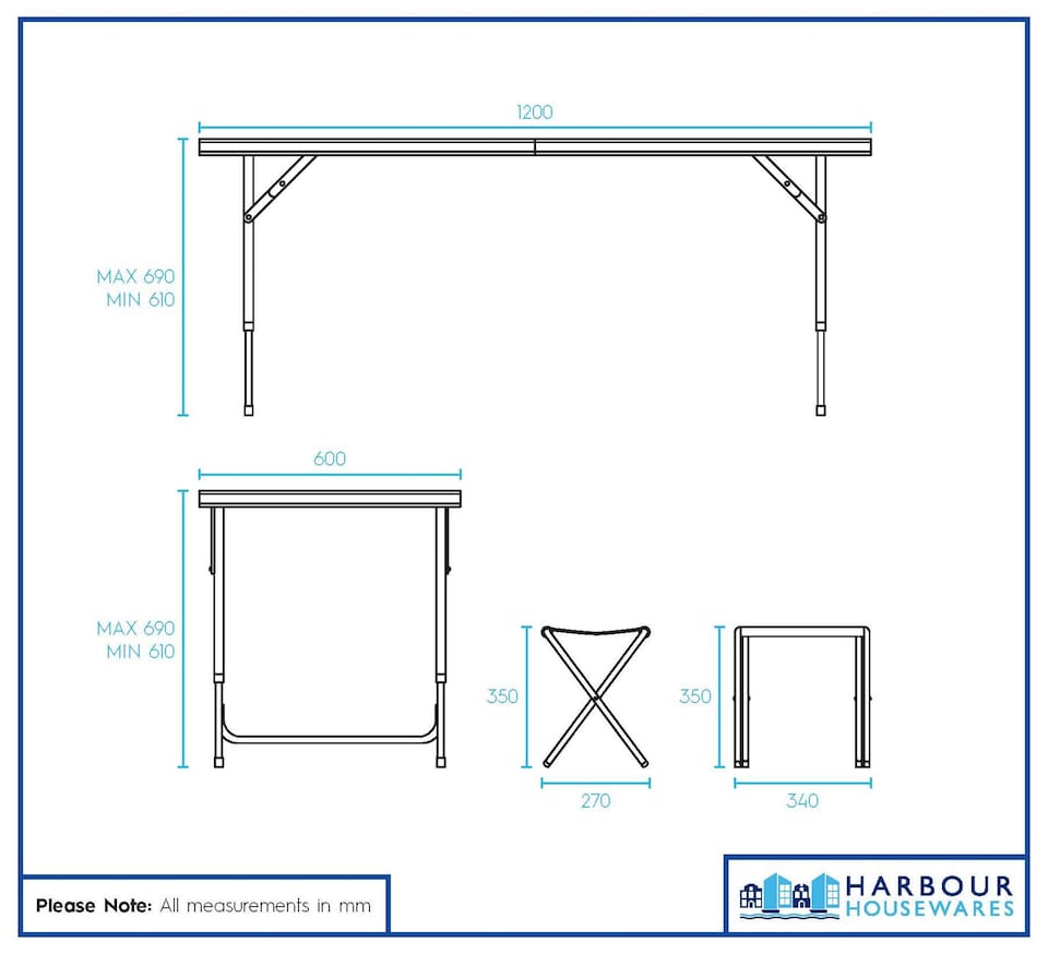 image 1 of Harbour Housewares 5pc Height Adjustable Folding Picnic Table & Chairs Set - Black - Portable Outdoor Garden Camping Furniture