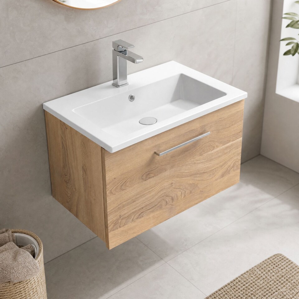 image 1 of Balterley Modern Bathroom Wall Hung 1-Drawer Vanity & Basin | Brown | Bleached Oak | 389 x 610 x 440mm