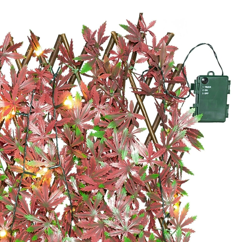 image 1 of Primrose Extendable Artificial Red Acer Screening Trellis with LEDs W2m x H1m