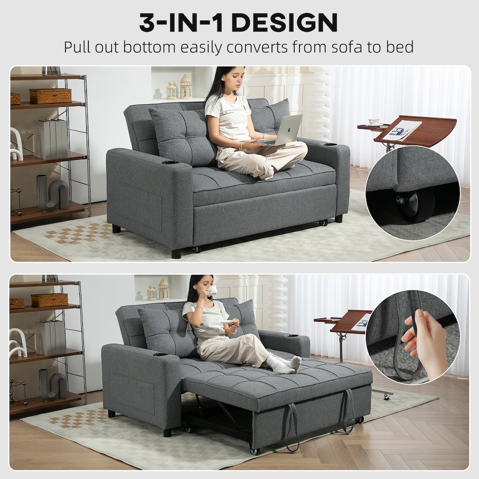 image 1 of HOMCOM 2 Seater Pull Out Sofa Bed with Pockets for Living Room Dark Grey