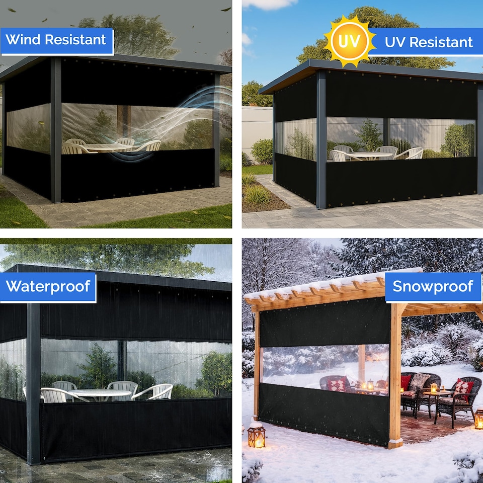 image 1 of Covers&All Outdoor Clear Panel Curtain, Outdoor Curtains for Patio, Waterproof & Weather Resistant Tarp, 10 ft H x 13 ft W, Black