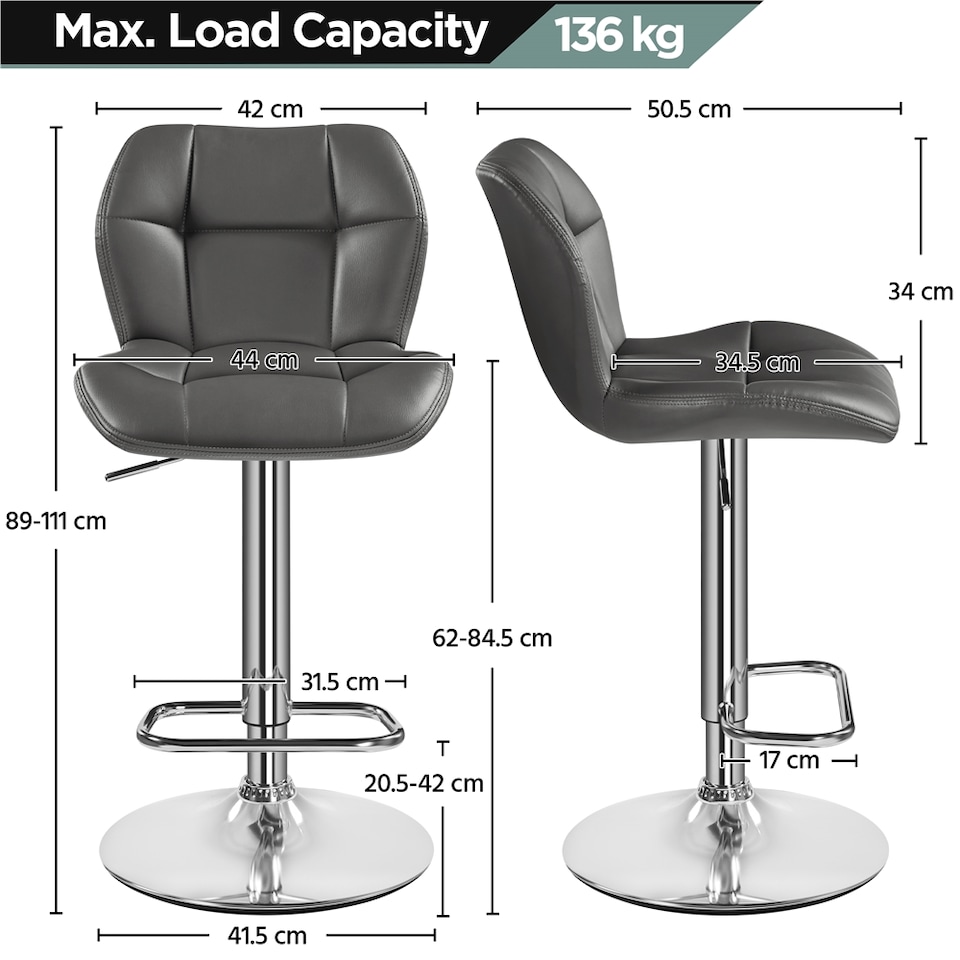 image 1 of Yaheetech Adjustable Faux Leather Bar Stool with Backrest | Grey | One Size
