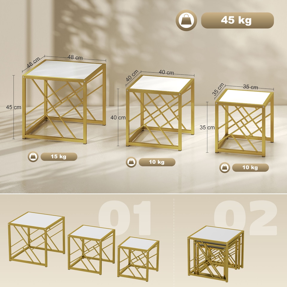 image 1 of HOMCOM Nesting Coffee Tables, Set of 3 Square Side Tables with Black Metal Frame, for Living Room, Bedroom and Office, White