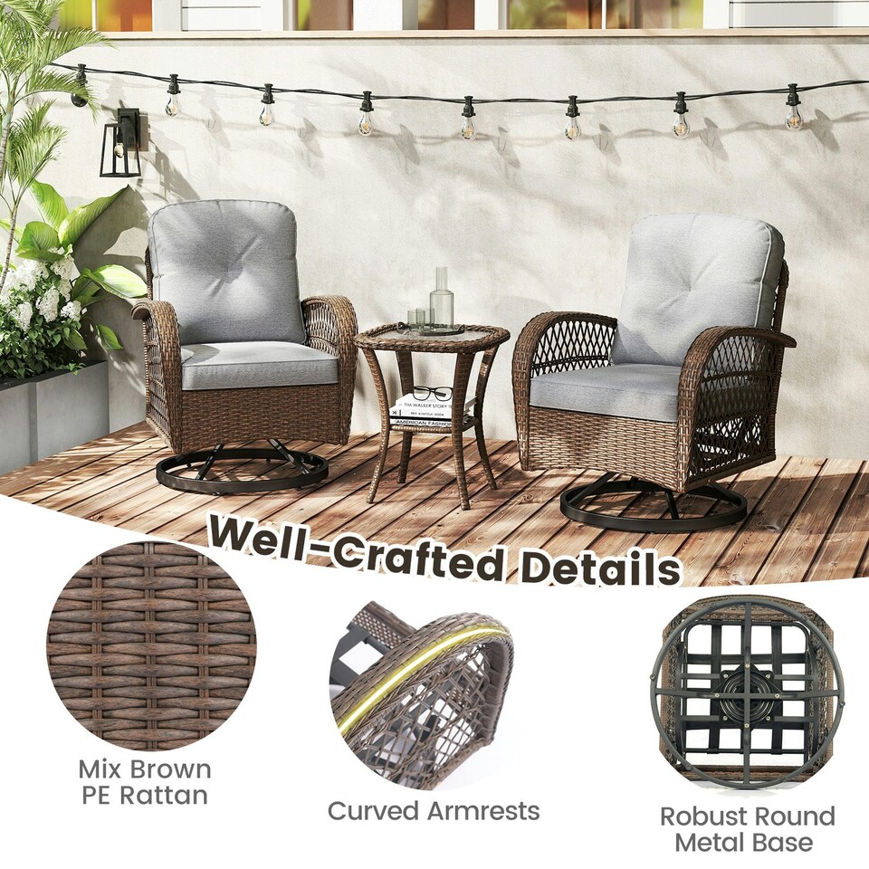 image 1 of COSTWAY 3 Pieces Patio Rattan Bistro Conversation Set Grey