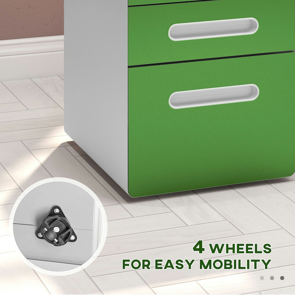 image 1 of Vinsetto 3 Drawer Modern Steel Filing Cabinet w/ 4 Wheels Lock Box Green