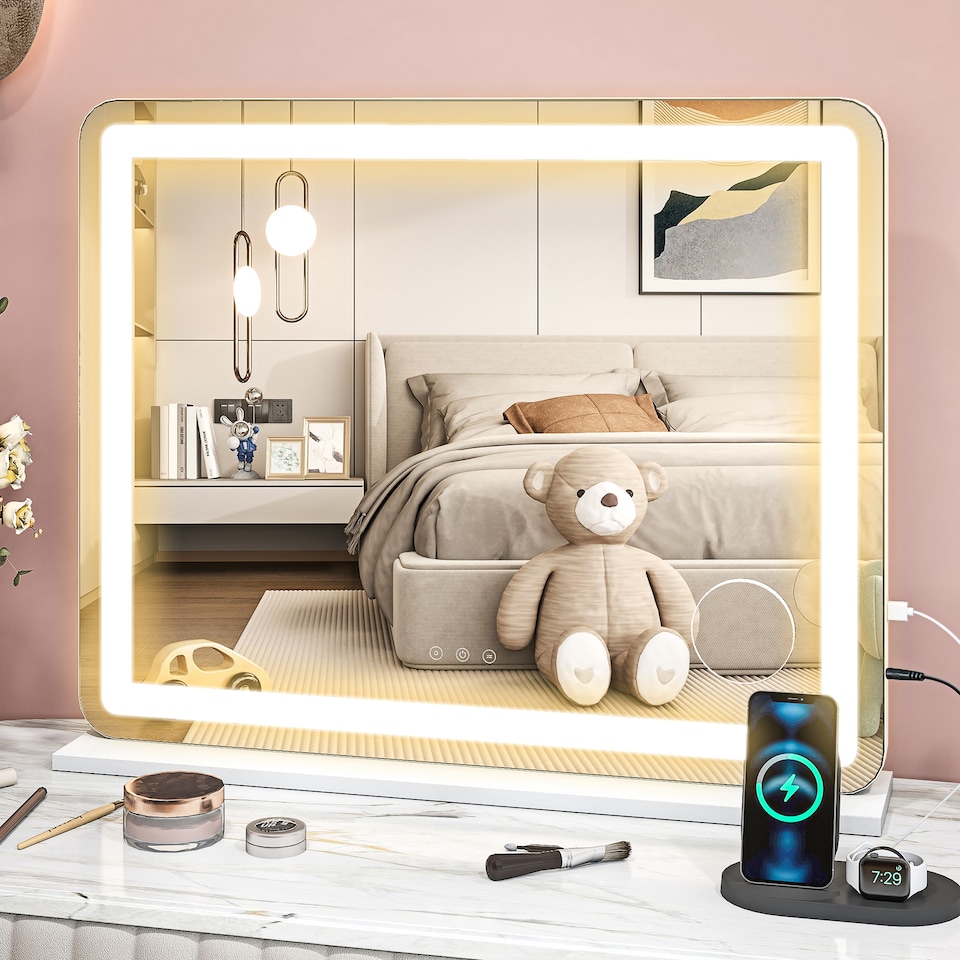 image 1 of HOMCOM Vanity Mirror with Lights, Large Lighted Makeup Mirror with 3 Colour Lighting Modes, 10X Magnifying, USB Charging Port, Touch Screen, Tabletop or Wall Mounted Design for Bedroom, White