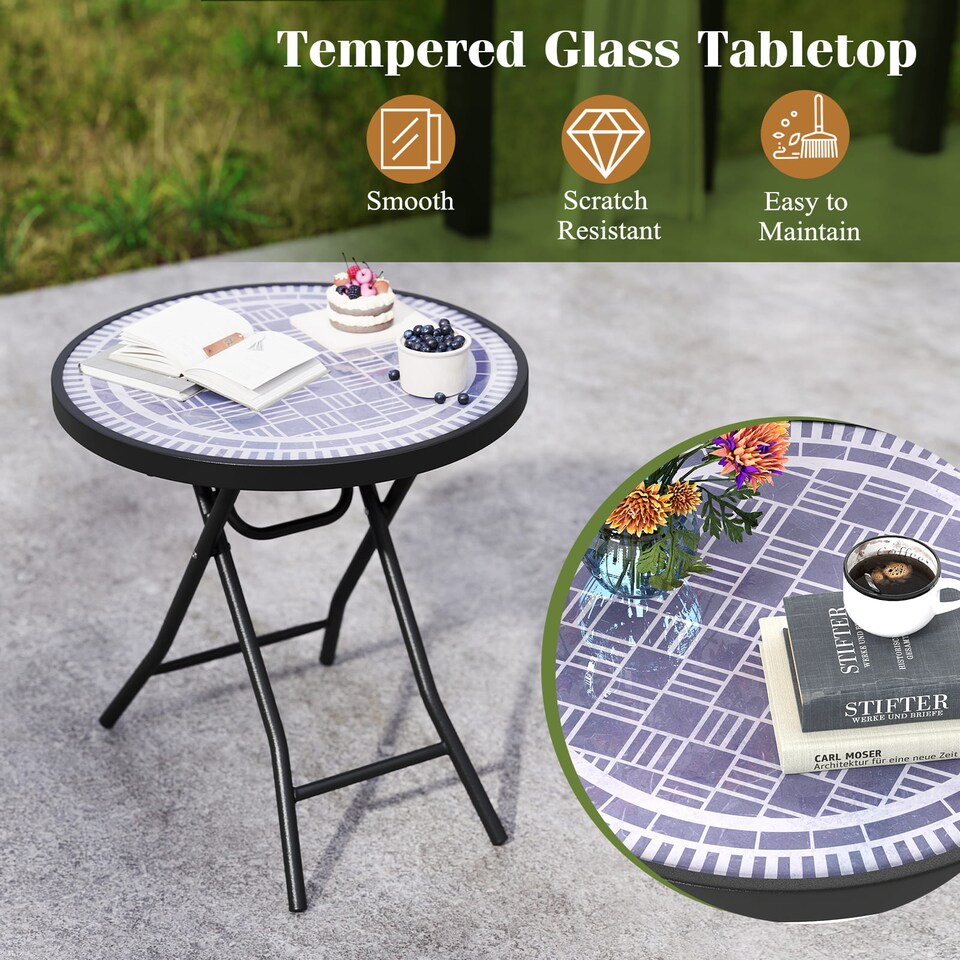 image 1 of COSTWAY Folding Glass Table Portable Patio Coffee Table w/Footpads-Grey