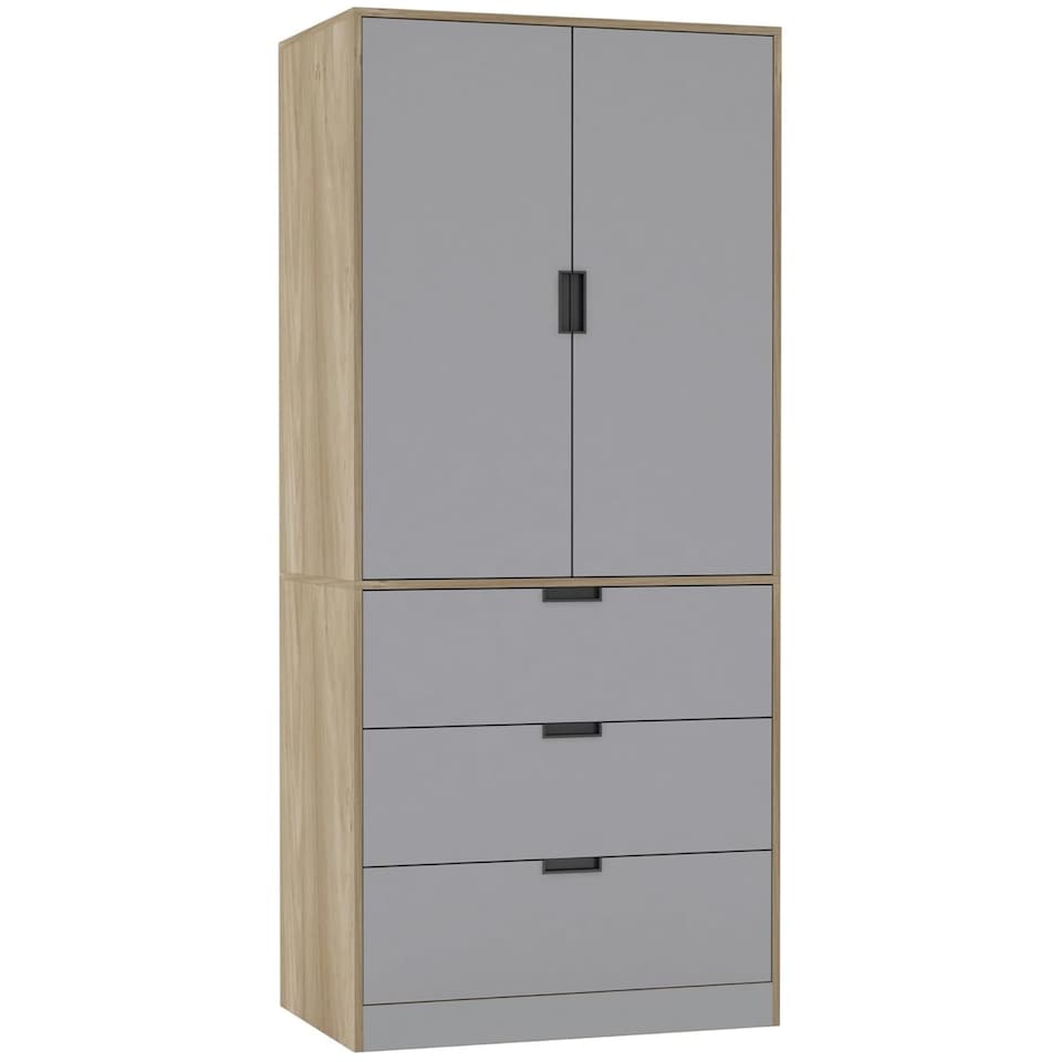 image 1 of 2 Door 3 Drawer Wardrobe with Hanging Rail - Modern Bedroom Storage Furniture | Brown | Oak with Grey Doors | 1