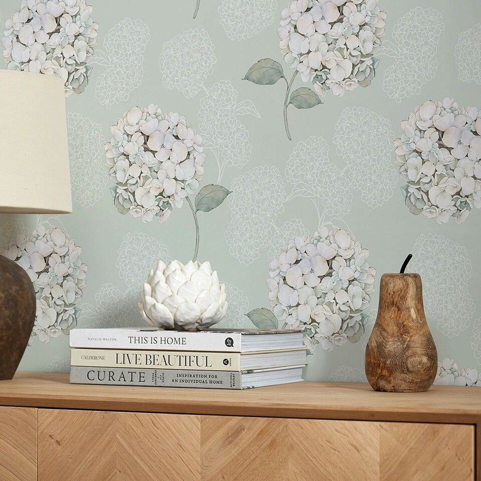 image 1 of Hydrangea Harmony Wallpaper in Sage Green Multi