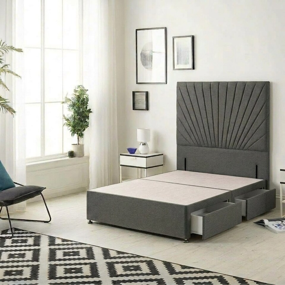 image 1 of Sunburst Divan Bed with 2 Drawers & 54'' Floor Standing Headboard Tweed Fabric | Grey | Charcoal