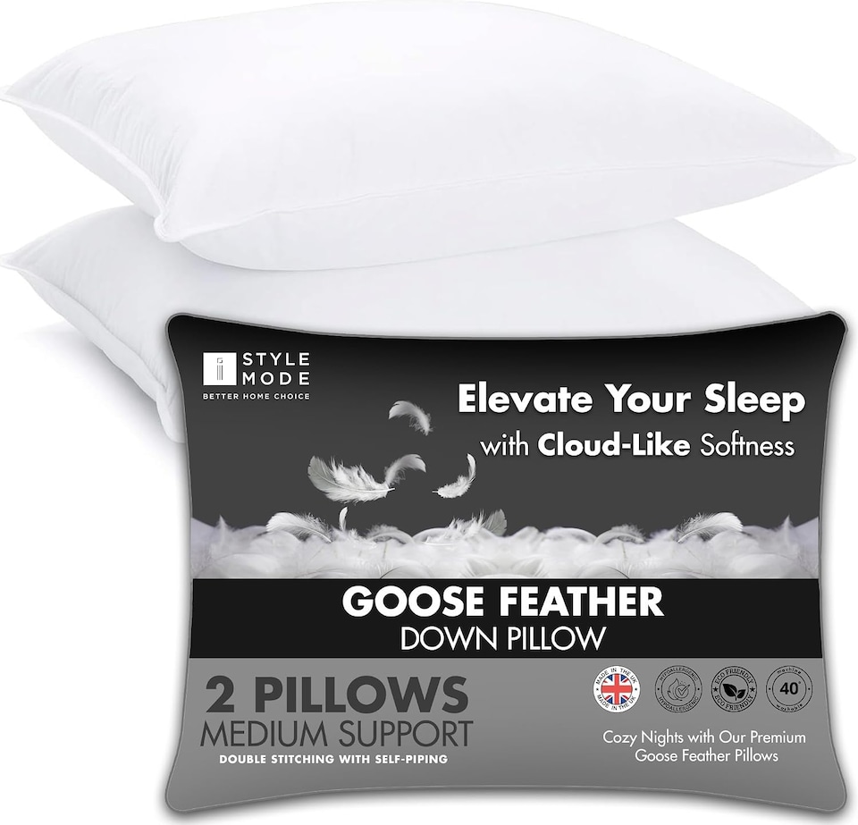 image 1 of Goose Feather & Down Bed Pillows | Soft & Supportive | 74cm × 48cm | Pack of 2