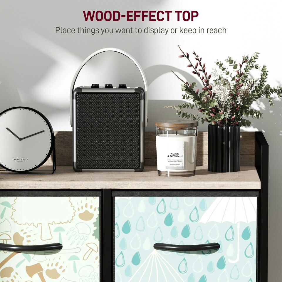 image 1 of HOMCOM 5-Drawer Chest of Drawers, Fabric Dresser with Open Shelf, Blue | Blue | Black frame, wood-effect top | One Size | 1