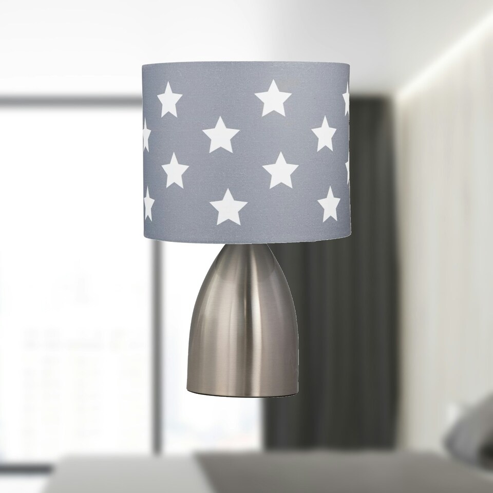 image 1 of First Choice Lighting Valentina Brushed Chrome Touch Lamp with Dark Grey & White Stars Shade Silver | Grey