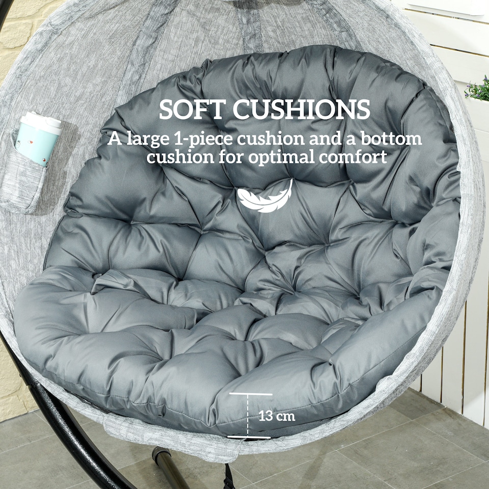 image 1 of Outsunny Hanging Egg Chair Outdoor Indoor Garden Swing Chair with Folding Basket, Thickened Cushion, Cup Holder for Patio, Balcony, Grey | Grey | Grey