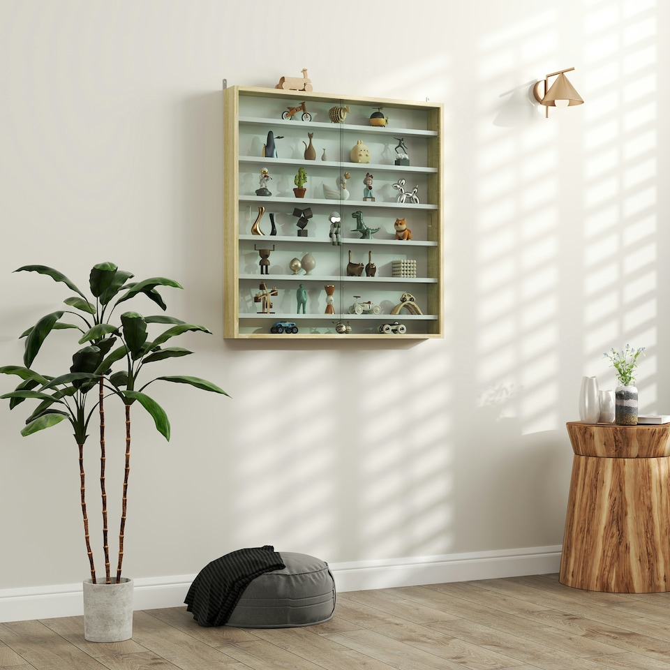 image 1 of HOMCOM 7-Tier Wall Display Cabinet w/ Shelves Glass Doors, Rustic Brown Yellow