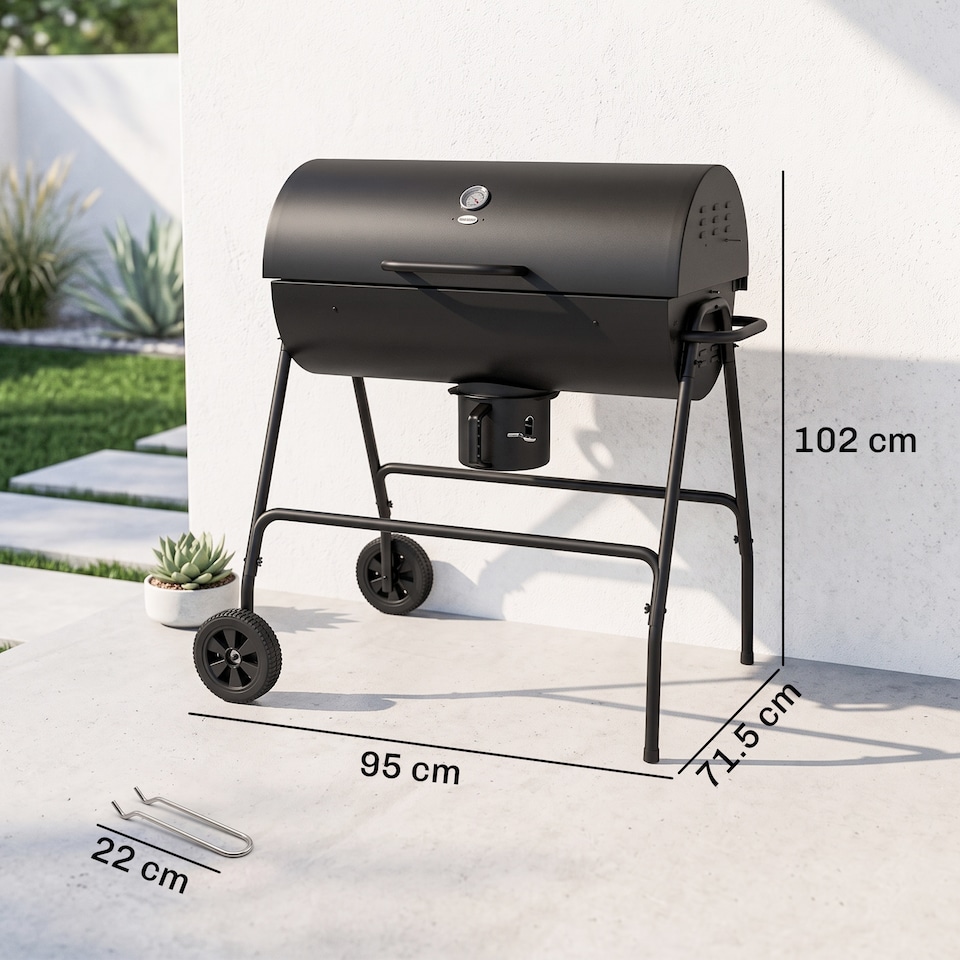 image 1 of Outsunny Barrel Charcoal Barbecue BBQ Grill Trolley W/ Ash Catcher Thermometer | Black | Black