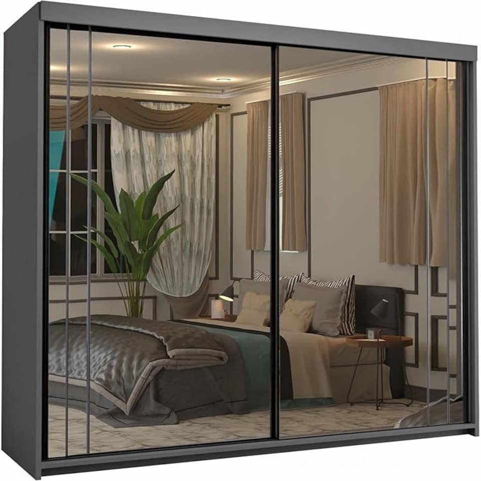 image 1 of Sliding Wardrobes 4U Modern Full Mirror Sliding Door Wardrobe – 150cm, 2 Doors, Shelves & Drawers, Space-Saving Bedroom Storage Grey | Grey 150cm