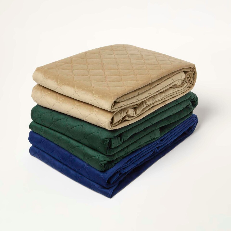 image 1 of Homescapes Diamond Quilted Navy Velvet Bed Throw Blue