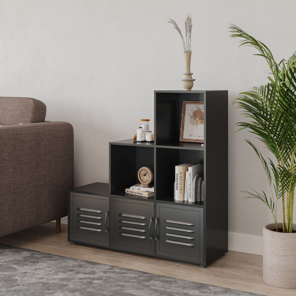 image 1 of 6-Cube Step Shelving Unit With Metal Doors | Black | Black & Black | 1
