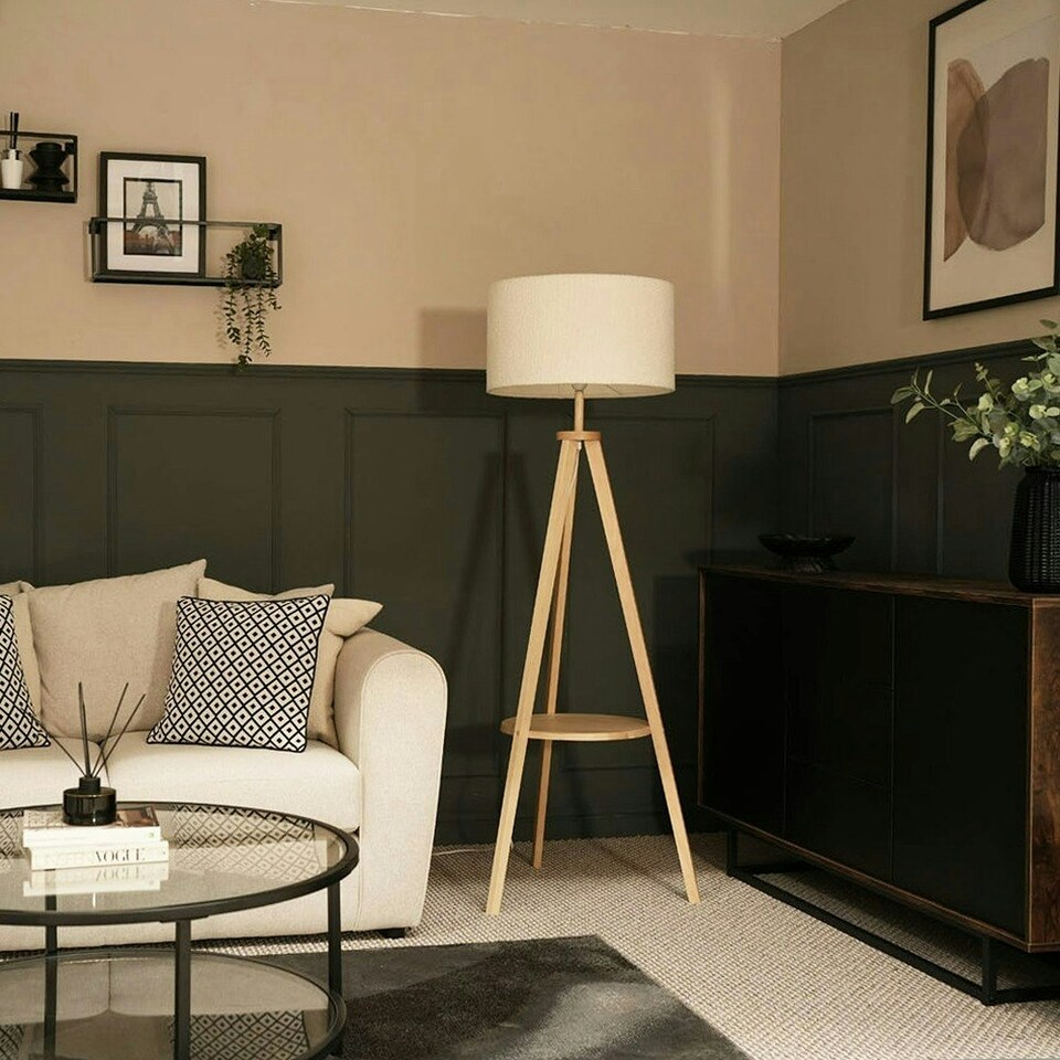 image 1 of ValueLights Morrigan Wooden Tripod Floor Lamp with Boucle Shade Cream