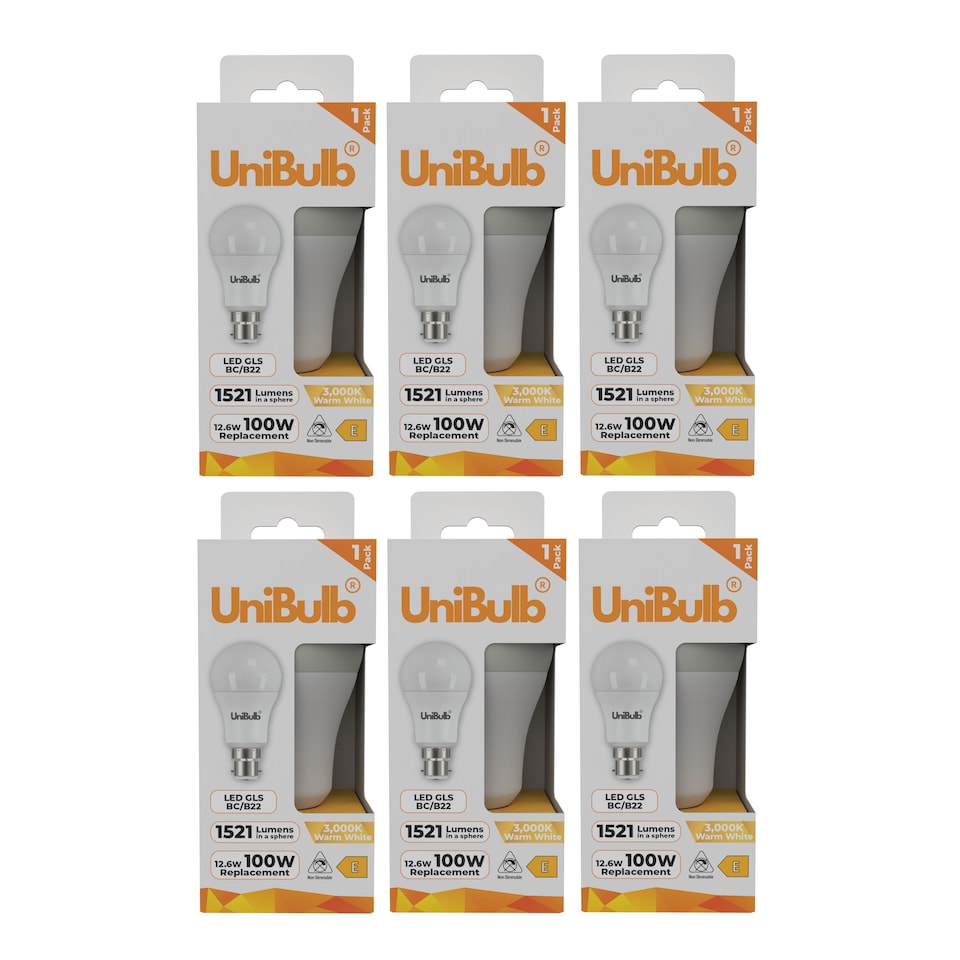 image 1 of UniBulb LED GLS B22 Bayonet Cap (BC) 1521lm 12.6W (Replaces 100W) 2700K (Warm White) Light Bulb - Pack of 6