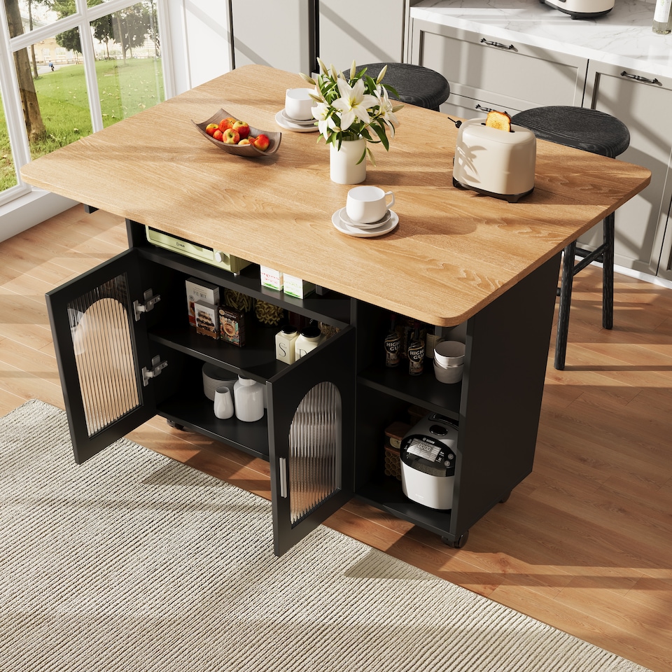 image 1 of VILUXE Kitchen island, kitchen cabinet, removable serving trolley, buffet cabinet, dining trolley with wood grain, buffet cabinet, multifunctional dining table with storage space, Black