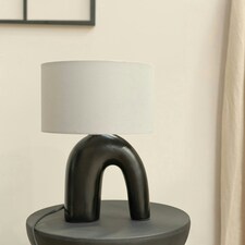 ValueLights Lia Grey Fabric Drum Lamp Shade Black Arch Abstract Ceramic Table Lamp Black