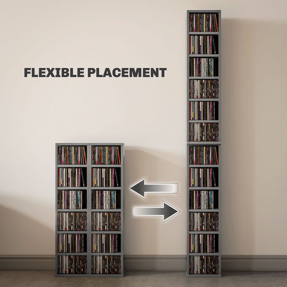 image 1 of HOMCOM Set of 2 CD Storage Units DVD Shelf with Adjustable Shelves | Grey | High Gloss Grey | 21W x 22.5D x 88.5H cm