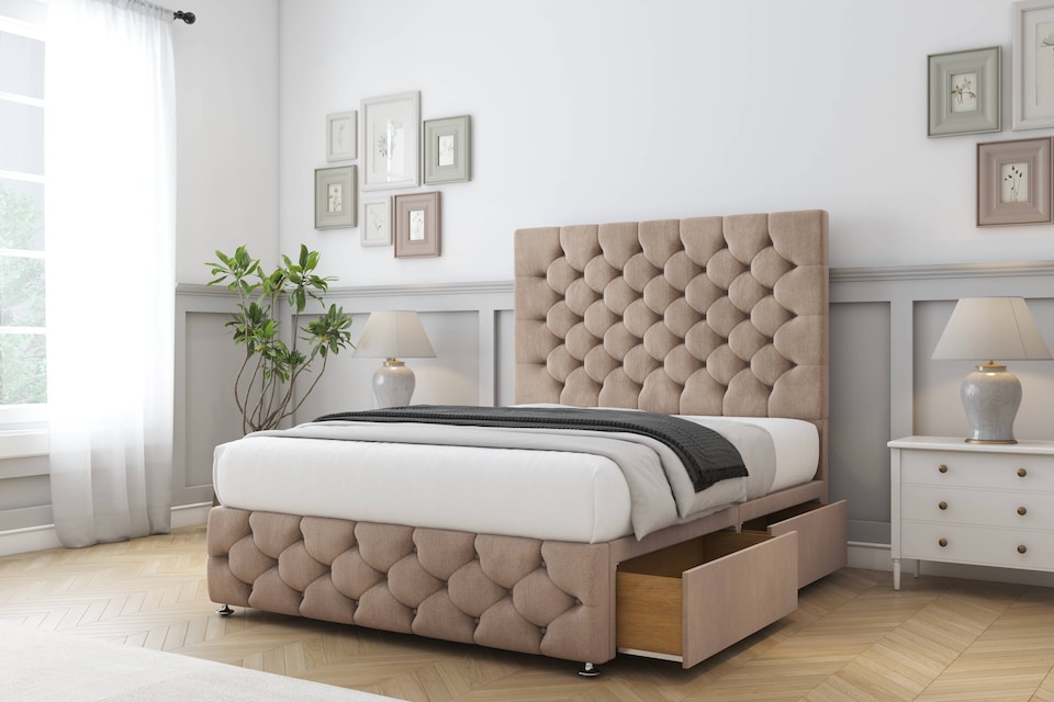 image 1 of Sloomy Watson Mink Naples Divan Bed Base 2 Drawers Foot-End With 54 Inch Floor Standing Headboard & 12 Inch Matching Footboard | Brown | Mink | Super King | 1