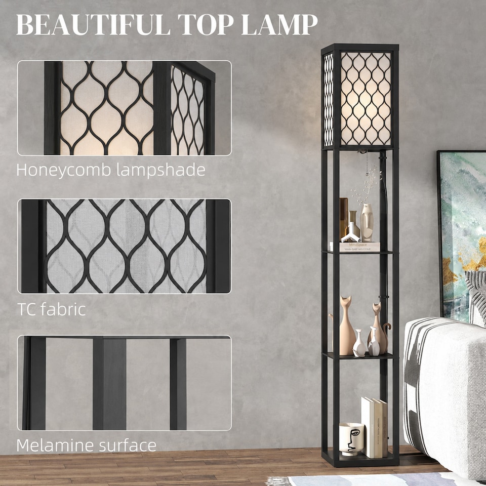 image 1 of HOMCOM Modern Floor Lamp Light with 3 Shelves Fabric Lampshade Black