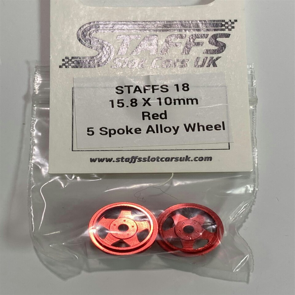 image 1 of Staffs Slot Cars UK 15.8 x 10mm Red 5 Spoke Alloy Wheels Staffs 18