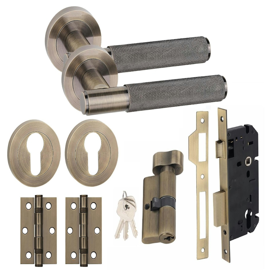 image 1 of Golden Grace Straight T-Bar Knurled Euro Door Handle Set in Antique Brass Euro Lock with 70mm Key, Thumbturn and Hinges Bronze