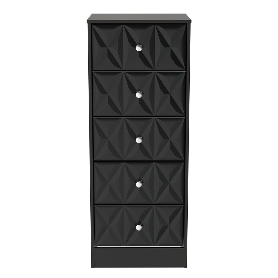 image 1 of Memphis 5 Drawer Tall Bedside Cabinet in Deep Black & Black Matt (Ready Assembled) | Black | Deep Black & Black Matt