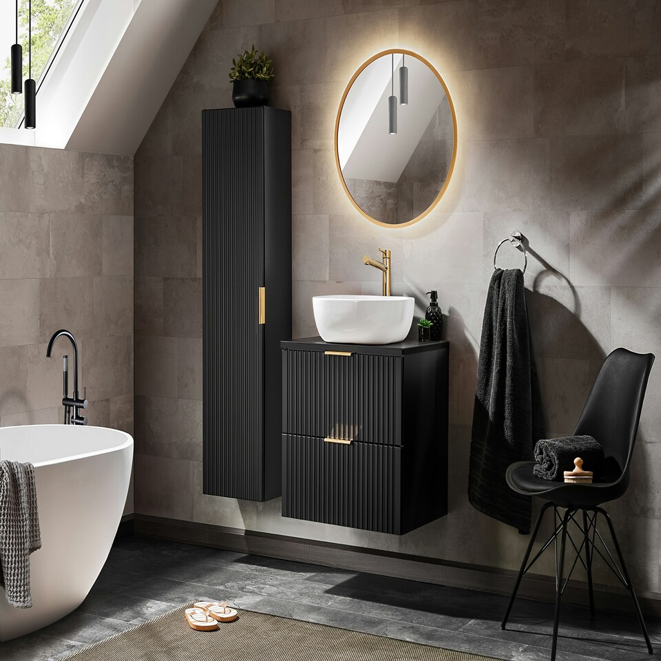 image 1 of Bathroom Vanity Unit Countertop 600mm Ribbed Textured Black Wall Hung Floating Cabinet - Adel