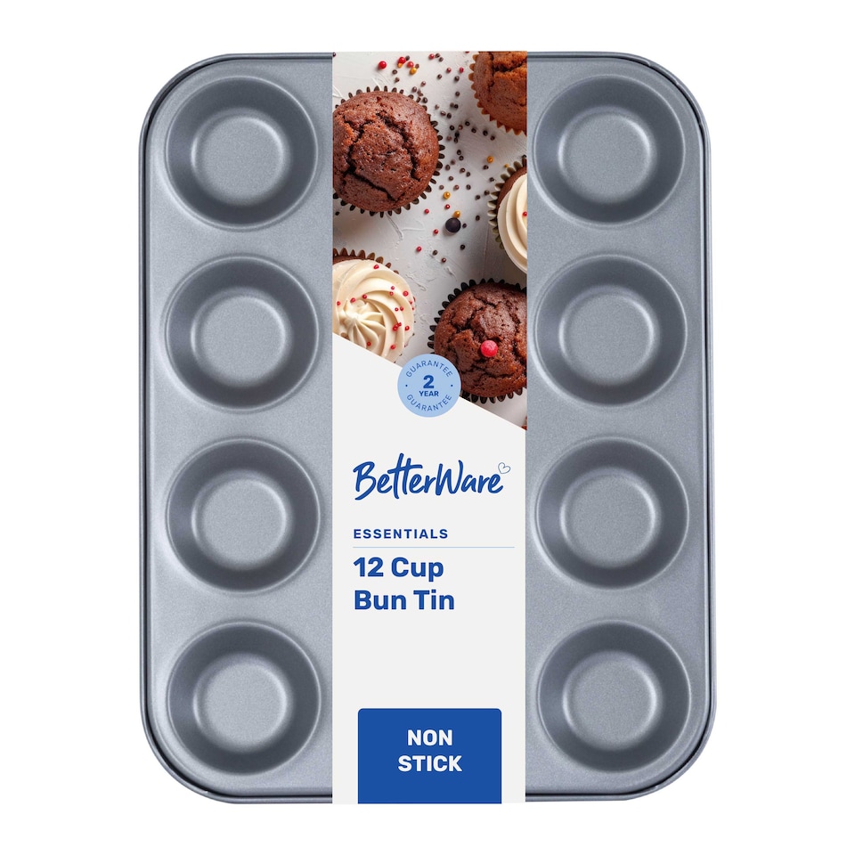 image 1 of BetterWare Essentials 12 Cup Non-Stick Bun Tin | Low-Carbon Steel | Dishwasher & Freezer Safe | Stackable Design
