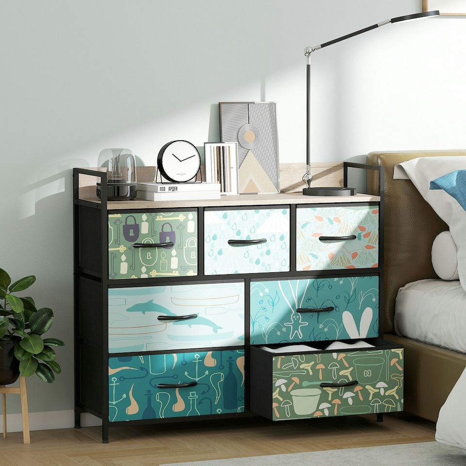 image 1 of HOMCOM 7-Drawer Chest of Drawers, Fabric Dresser with Open Shelf, Blue | Blue | Black frame, Brown wood-effect top | One Size | 1