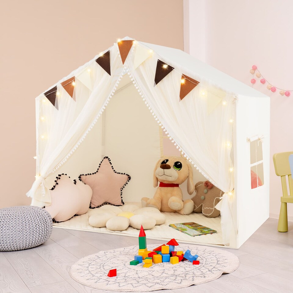 image 1 of COSTWAY Kids Play Tent 3-4 Kids Large Play Tent House w/Screen Curtains-Beige