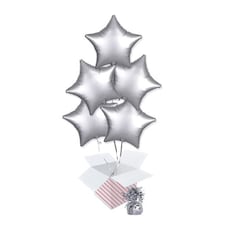 Platinum Silver Satin Luxe Star Foil Helium Balloon Bouquet - 5 Inflated Balloons In A Box