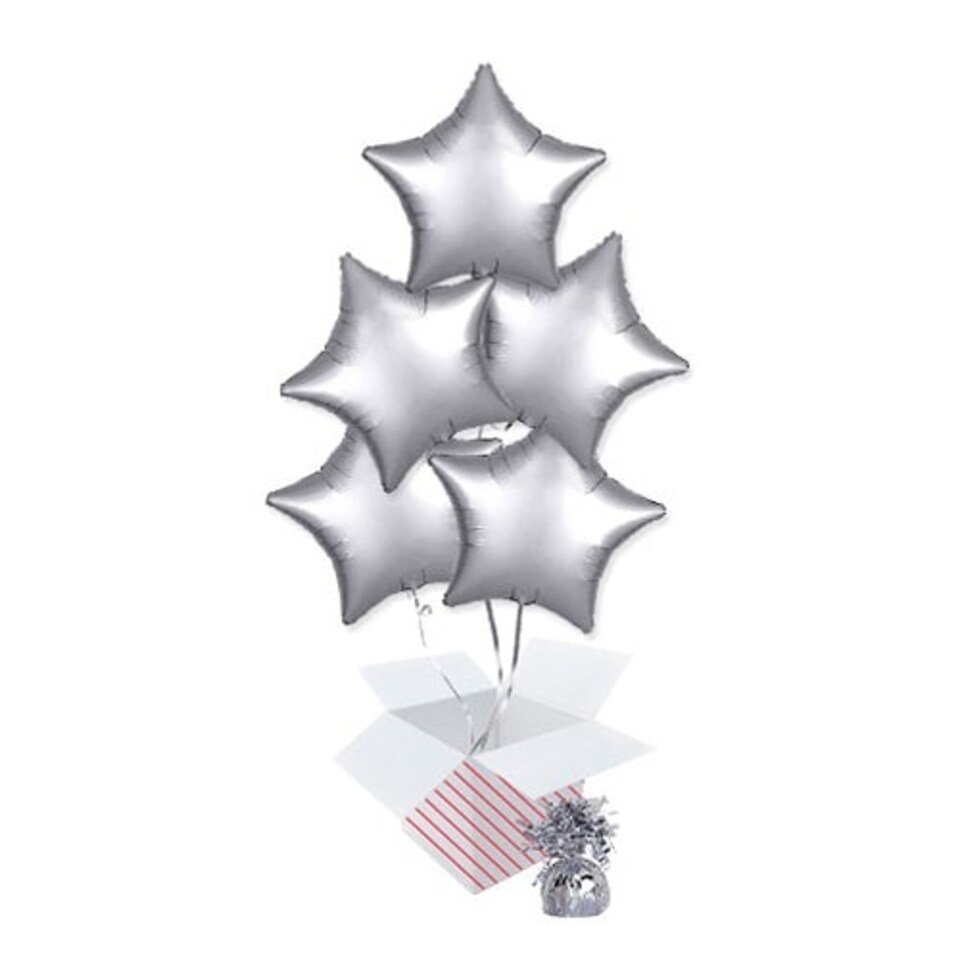Platinum Silver Satin Luxe Star Foil Helium Balloon Bouquet - 5 Inflated Balloons In A Box