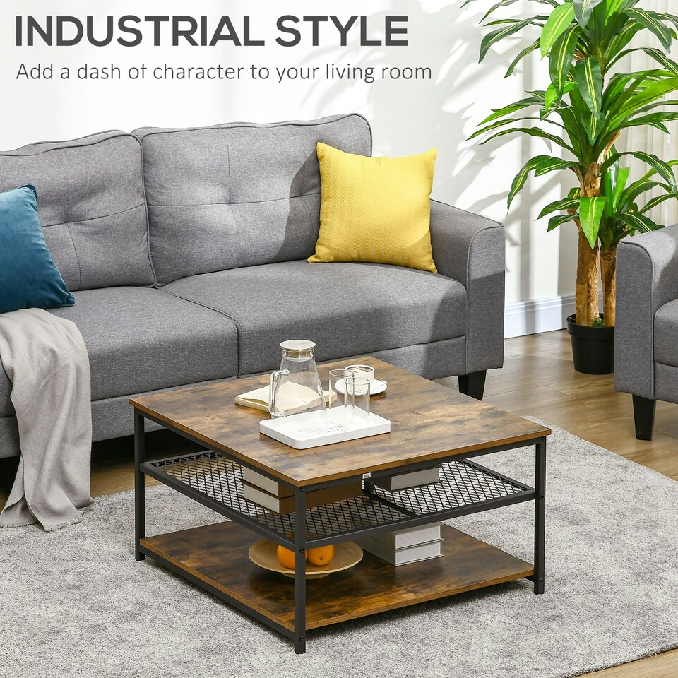 image 1 of HOMCOM Industrial Coffee Table, Cocktail Table W/ Storage Shelves Brown