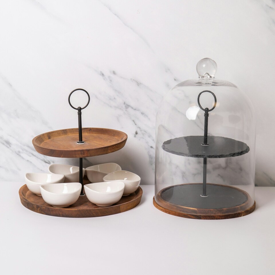 image 1 of 8pc Serveware Set with Appetiser Two-Tier Serving Dome and Appetiser Two-Tier Serving Set with 6x Bowls Clear