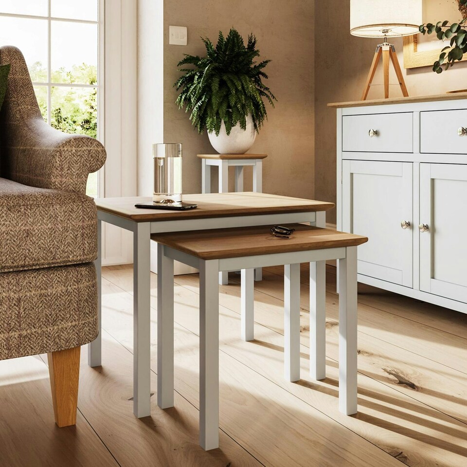 image 1 of Taberno Oak Nest Of 2 Tables Linen White White