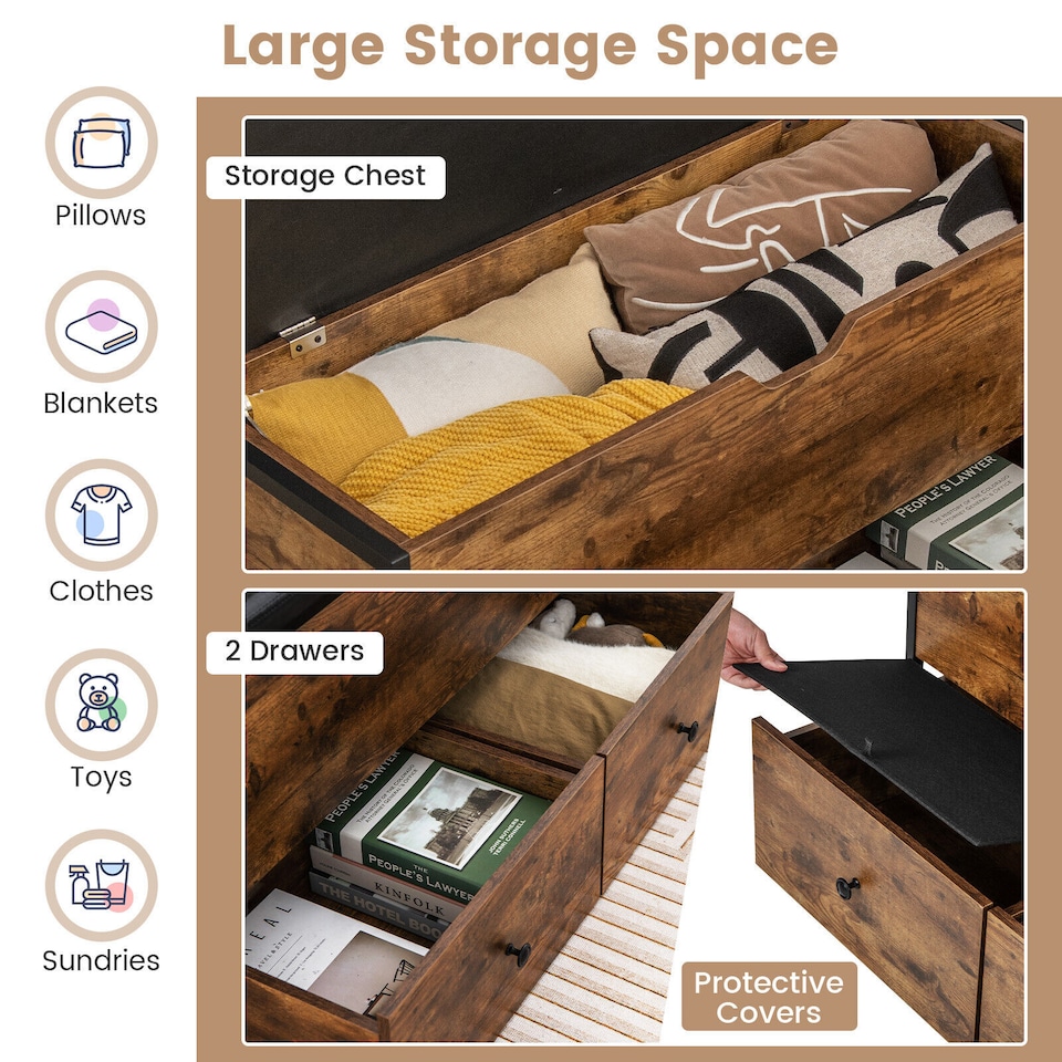 image 1 of COSTWAY Storage Ottoman Bench Flip Top Storage Chest with 2 Drawers Wooden Storage Bench