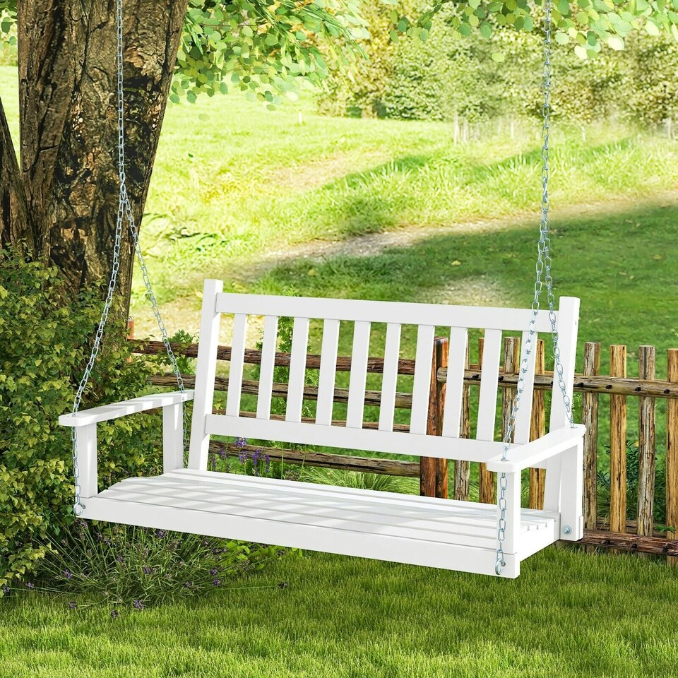 image 1 of COSTWAY 2-Person Porch Hanging Swing Chair Bench w/Back White | White
