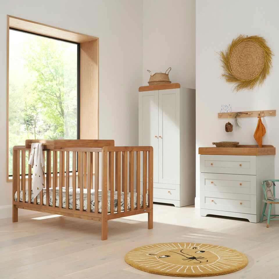 image 1 of Tutti Bambini Oak Malmo Cot Bed with Rio Furniture 3piece Set Dove Grey/Oak