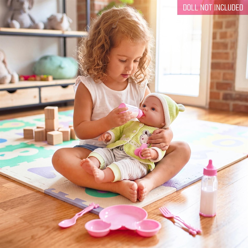image 1 of BiBi Doll Feeding Set 6 Pc Baby Doll Accessory Playset Pink Plate Utensils